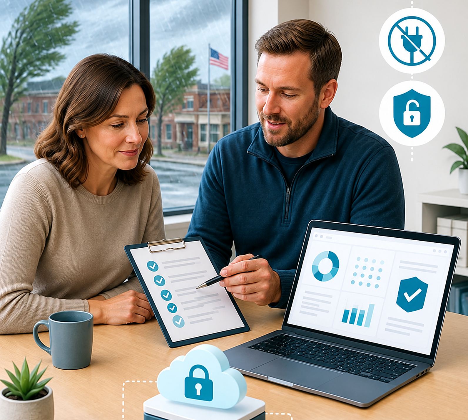 Two colleagues reviewing a checklist and a security dashboard on a laptop
