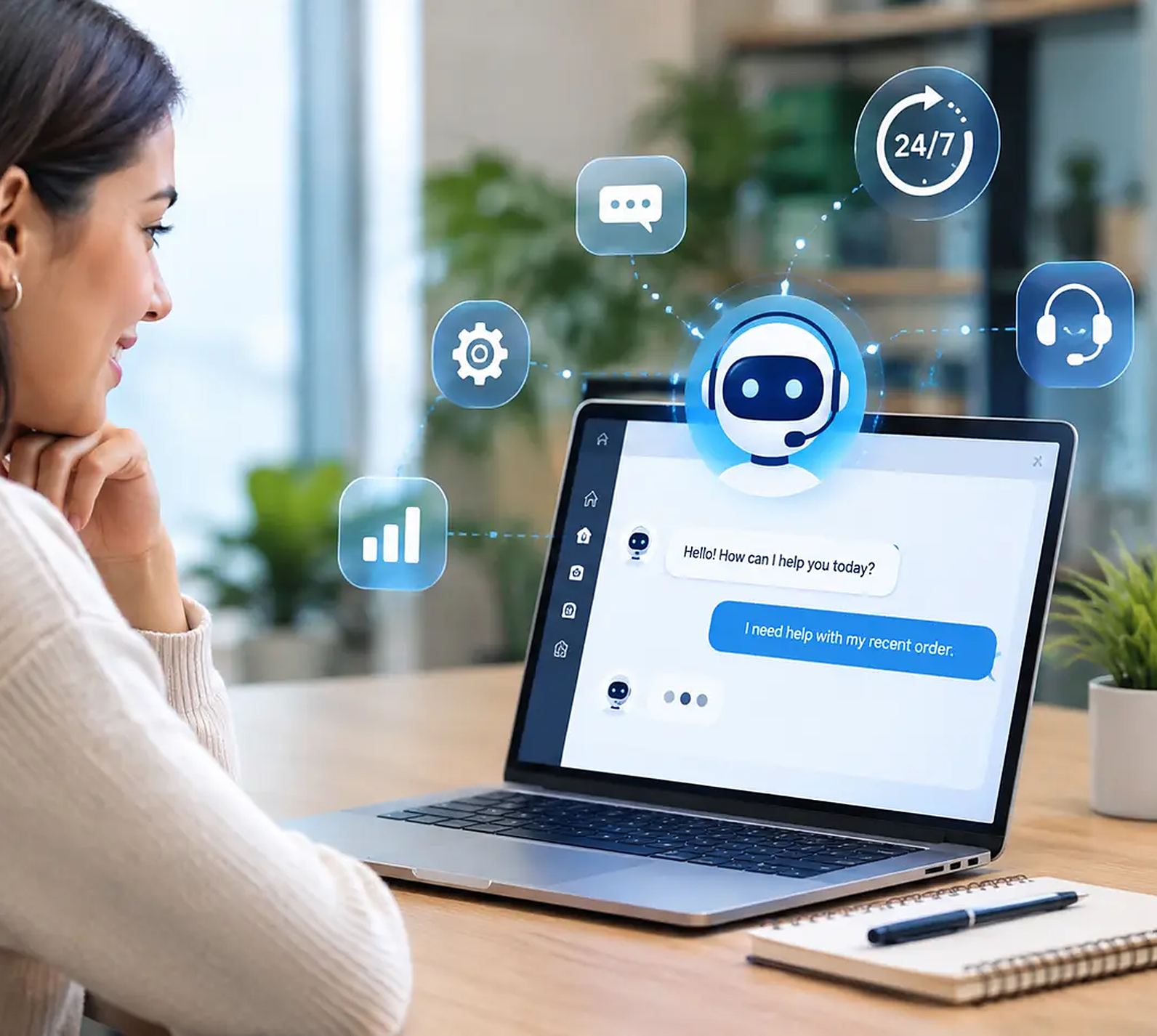 Customer chatting with an AI support agent on a laptop